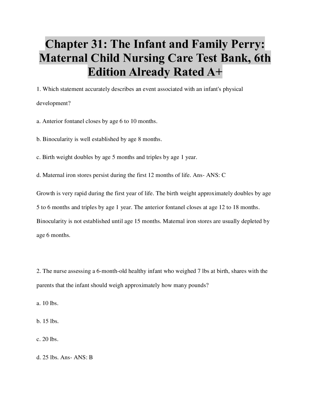 Preview image for Chapter 31: The Infant and Family Perry:  Maternal Child Nursing Care Test Bank, 6th  Edition Already Rated A+